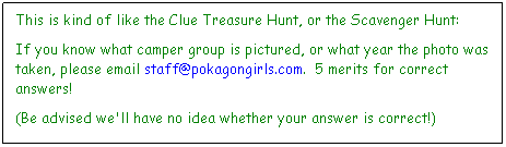 Text Box: This is kind of like the Clue Treasure Hunt, or the Scavenger Hunt:
If you know what camper group is pictured, or what year the photo was taken, please email staff@pokagongirls.com.  5 merits for correct answers!
(Be advised we'll have no idea whether your answer is correct!) 
 
